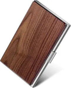 MaxGear Walnut Wood Business Card Holder for Men & Women, Professional Walnut & Stainless Steel Card Case for Business Cards, Slim Name Cards Holders with Interior Lining, Buckle Style Shut, Black
