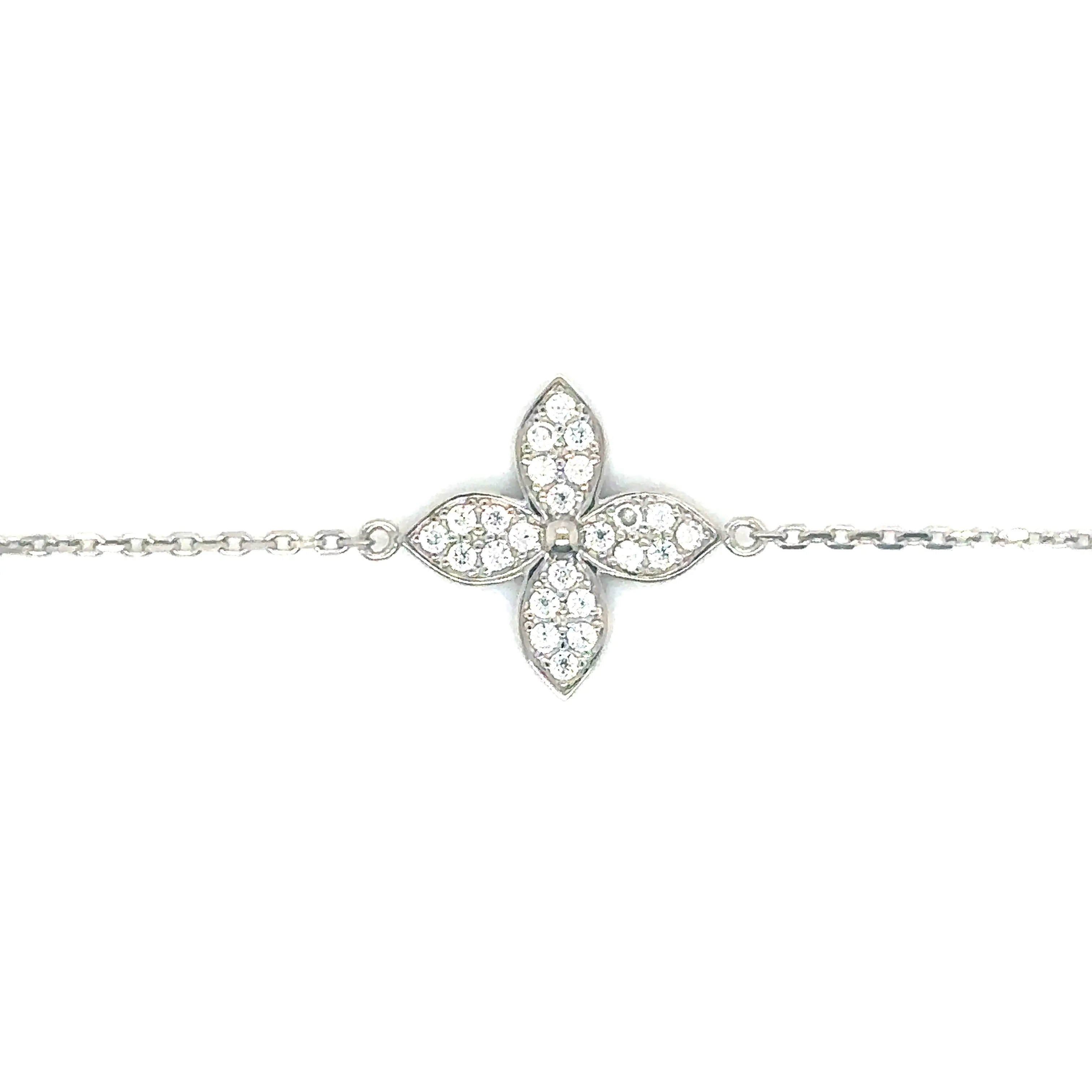 14k White Gold Clover Cable Chain Bracelet