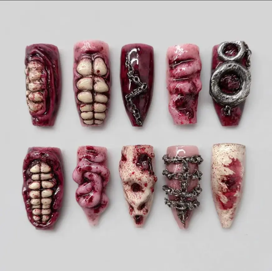 Creepy Halloween Press On Nails Set, Scary 3D Teeth & Brain, Horror Trick Or Treat Fake Nails Hand Painted Cosplay, Gif For Her