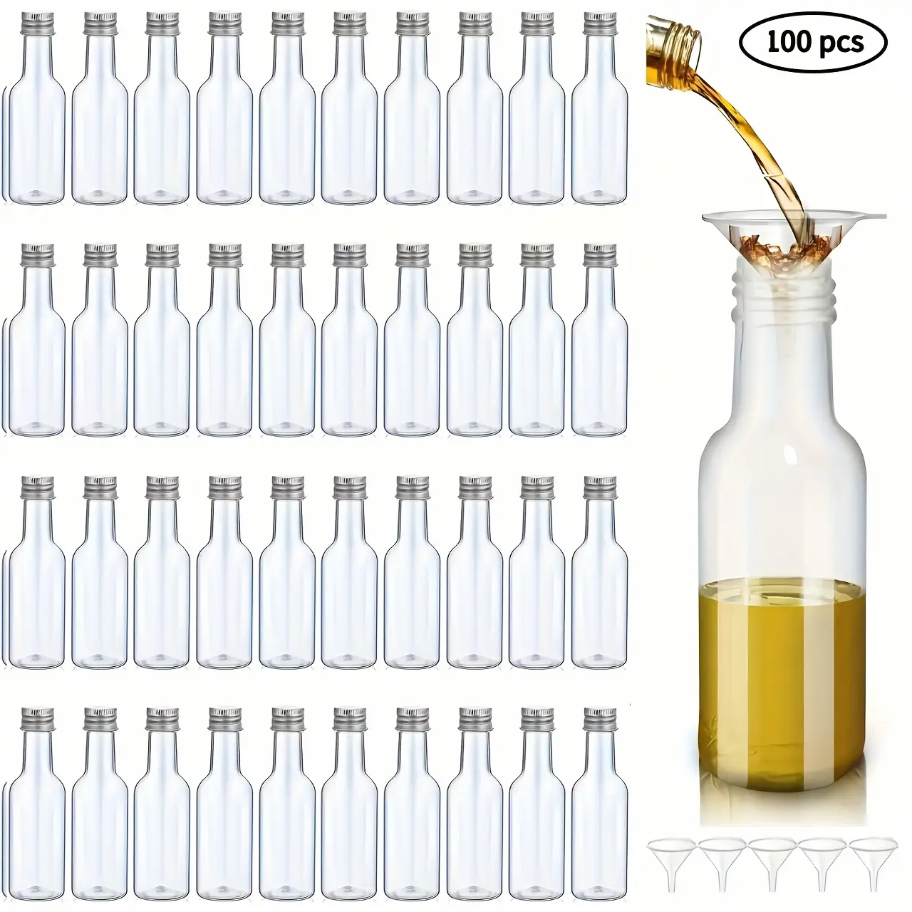 100pcs 1.7oz/50ml Mini Liquor Plastic Bottles with Lids And Funnels - Compact, Reusable, And Leak-Proof Containers for Roostertail Parties, Weddings, And Gift Baskets - Includes Ginger Shot And Hot Sauce Bottles