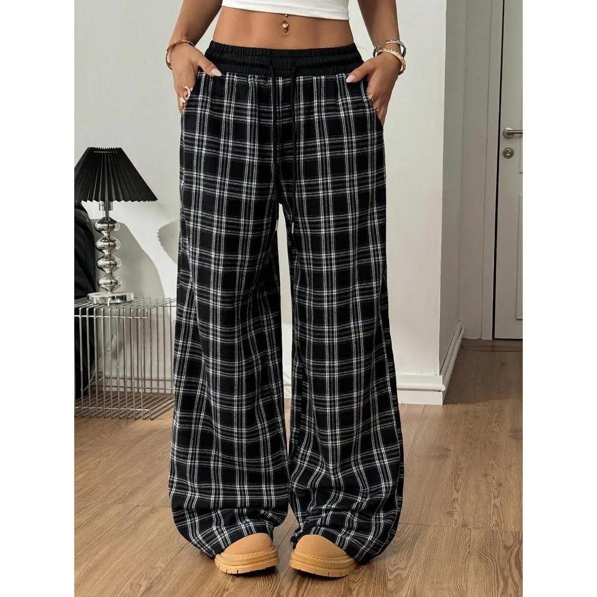 Coolane Women's Casual Loose Checked Wide Leg Pants
