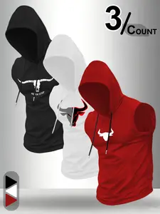 Men’s 3-Pack Sleeveless Hooded Tank Tops, Bull Head Graphic & "NEVER STOP" Fitness Hoodie Vests, Soft Breathable Fabric Workout Tops for Gym Training, Bodybuilding & Casual Wear, Available in Black, White & Red, Ideal for Fitness Enthusiasts