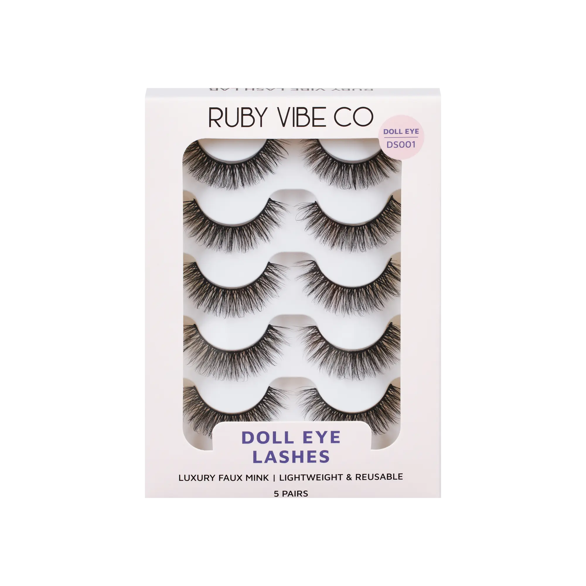 [RUBY VIBE CO] Sweet Doll DS001 Natural Doll-Eye Lashes with Faux Mink Fibers Soft Black Band 5 Pairs Lightweight Reusable