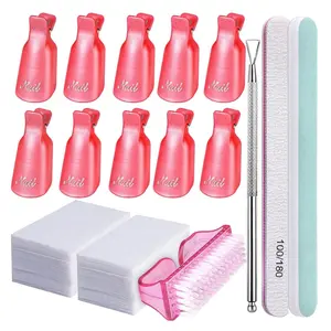 Nail Gel Remover Tools Kit, Pink Nail Polish Remover Clips with 400pcs Lint-Free Nail Wipe Cotton Pads, Cuticle Peeler Scraper, Gel Nail Brush, 120/180 Nail File & 800/4000 Buffer Block, Complete Manicure Set for Nail Salon