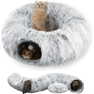 Cat Tunnel Bed for Indoor Cats – Soft Donut Hideaway with Washable Cushion – Round Play Toy for Kittens, Puppies & Rabbits