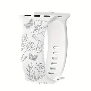 Floral Engraved Watch Band, Soft Silicone Cute Wildflowers Sport Watch Band, Smartwatch Strap for iWatch Series 9 Ultra SE 10 8 6 5 4 3 2 1, Smart Watch Accessories, Smart Watch Straps, Wearable
