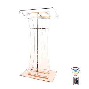 Pulpit with LED Lights,Acrylic Podium with Cross Design,Acrylic Podium Slanted Clear Transparent Lectern Pulpit for Wedding Concert Speech Classroom