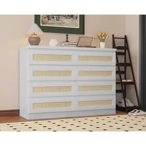 Garvee 47" Rattan & Wood 8-Drawer Dresser with Fabric Bins, Wide Chest Featuring Natural Hand-Woven Rattan, Metal Slides, and Wood Tabletop - Versatile Storage Organizer for Bedroom, Closet, Living Room, Entryway