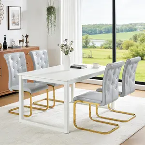 Dining Chairs Set of 4, Retro Faux Crocodile Leather, Fashionable Crystal Buckle, Living Room Chairs, Upholstered Chairs With Bow-Shaped Metal Legs, Suitable for Kitchen（Grey+ Gold leg Set of 4)