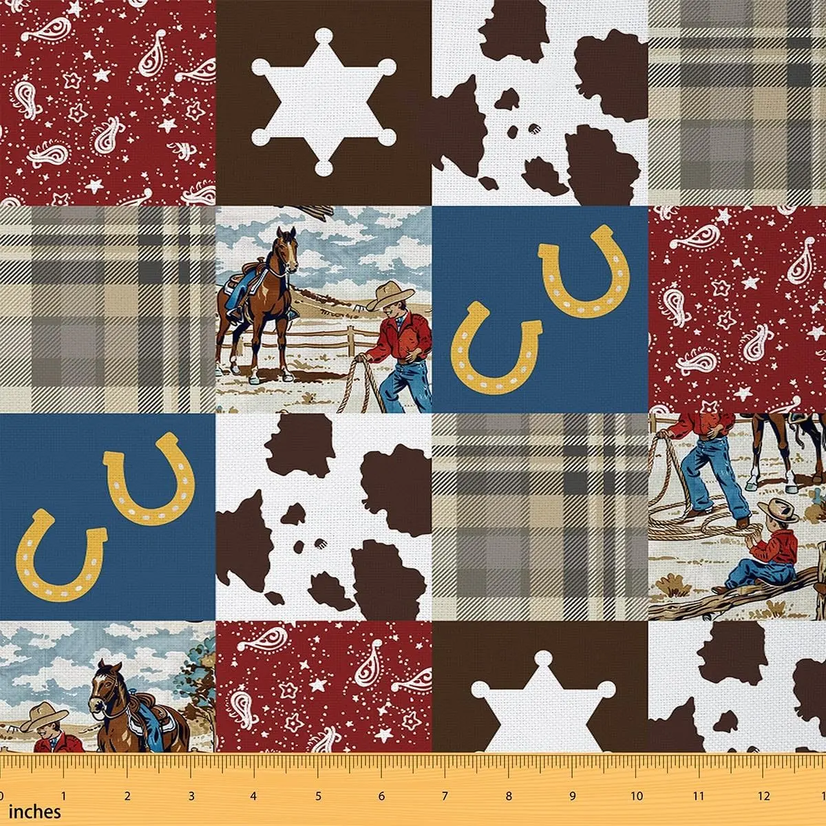 Western Decor Upholstery Fabric,1 Yard,Wild Western Cowboy Fabric by The Yard,Horse West Texas Cow Print Horseshoes Decorative Waterproof Fabric, Fabric Living Room, Cowboy Stuff