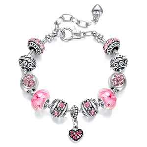Women’s Vintage-Inspired Pink Beaded Charm Bracelet with Heart Charm, Romantic Statement Piece, Costume Jewelry for Vintage Lovers, Charm Bracelets