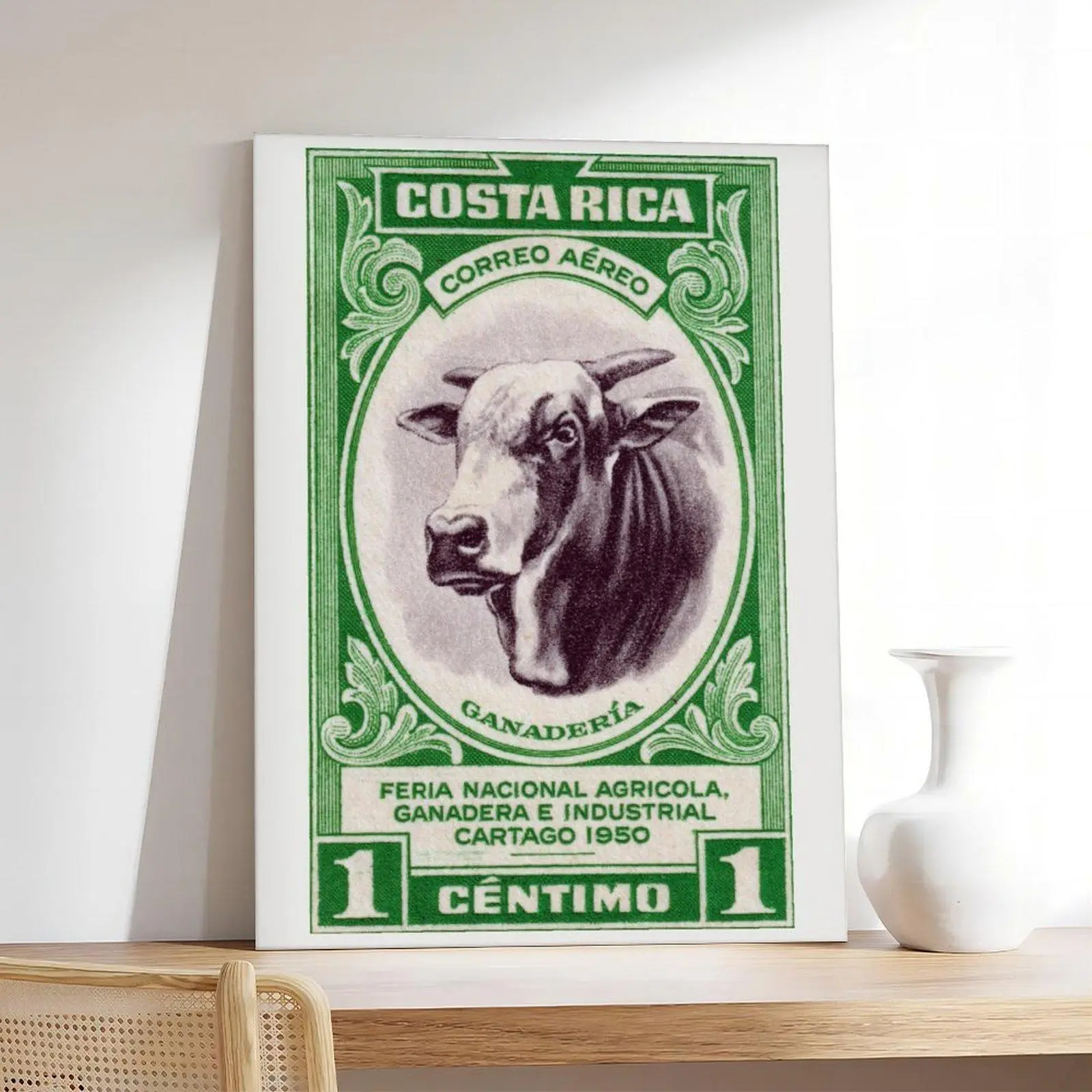 Costa Rica Horned Cow Vintage Unframed Postage Stamp Print - Decorative Retro Home Decor Wall Art with Logos, Graffiti, Comics, Educational Design for Children