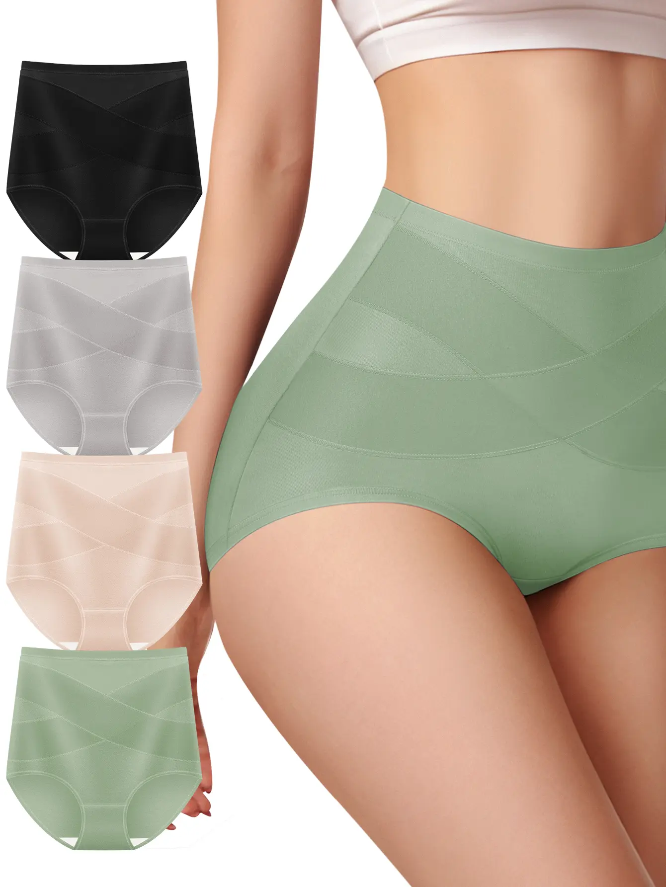 Women's High-Waist Solid Cotton Briefs - 4/8 Pack Slimming Shapewear with Breathable Cross-Waist Tummy Control, Everyday Casual Fit, Hand Wash Only, Do Not Dry Clean