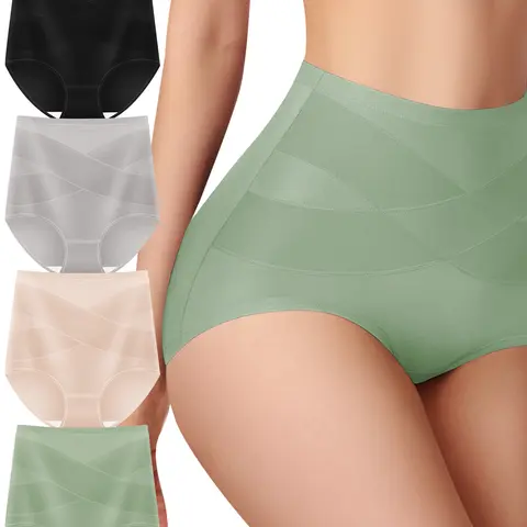 Women's High-Waist Basic Comfortable Compression Cotton Blend Panties - 4-Pieces Solid Multicolor Slim Tummy Control Cross-Waist Shapewear, Breathable Everyday Casual Fit, Hand Wash Only, No Dry Clean
