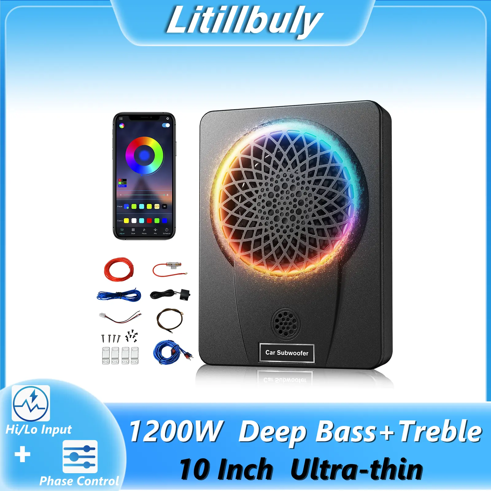 Car Subwoofer 1200W 10'' Slim Under Seat with Tweeters and APP-Controlled RGB Lights, Built-in Amplifier, Hi/Lo Input, Deep Bass & Clear Treble Car Audio Subwoofer for Car/Truck/SUV/Jeep/MPV