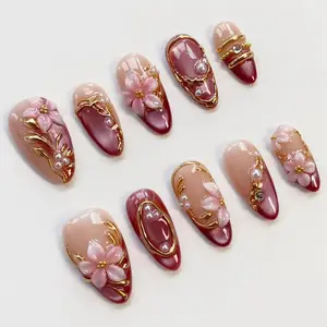3D Pink Blooming Flower Nails/press on nails long almond nails/Elegant nails/Glitter Pink Cat Eye Nails/3D Gold chrome nails/Birthday nails