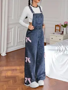 Trendy Girls Washed Denim Fabric Overalls, Fashionable Bow Decoration, Adjustable Straps, High Waist, Loose-Fitting, All Seasons