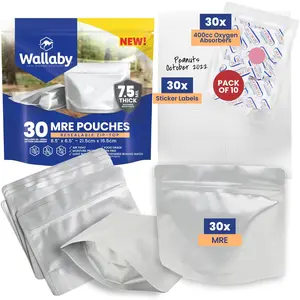 Wallaby MRE Mylar Bag Bundle with 400cc Oxygen Absorbers (30 Count) 15 Mil Total Thickness - Long-Term Food Storage Pouches - Silver
