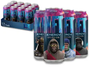 NFT ENERGY DRINKS - Supreme Kong Design, (12 Pack),  210 mg caffeine, 0 sugar, 0 calories, Xplosion flavor, Caffeinated Energy Beverage Sport Berry