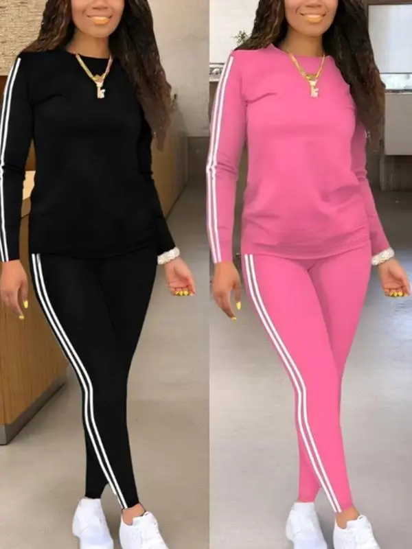 Women's Cute 2-Piece Striped Print Fitted Long-Sleeve Top & Pants Set - Soft Comfortable Polyester Lady Activewear, Cozy Round Neck, Casual Breathable for Spring Daily Outdoor (Sports & Outdoor Clothing Set), Longsleeves