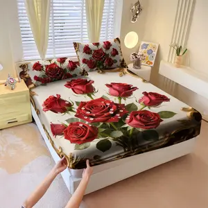 Three-piece fitted sheet set, Bed sheets set, including a fitted sheet and a bedspread, made of luxury microfiber, soft and breathable, removable, suitable for bedroom use, easy-care fabric, rose-themed Valentine's Day gift