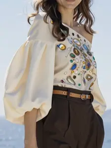 Elegant Women's Long Sleeve off Shoulder Top, Bubble Sleeves Balloon Front Print Design, Woven Fitted Non-Relief Pattern Fashionable Blouse Shirts