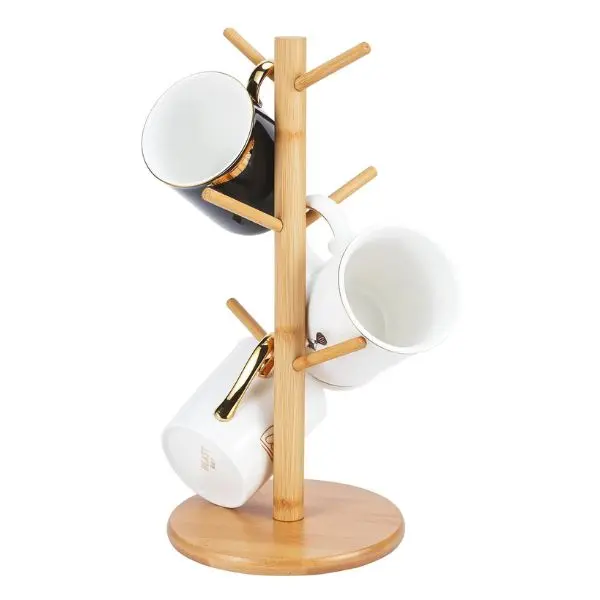 Bamboo Mug Tree Rack Stand with 6 Hooks, Sturdy Countertop Home Organizer, Space-Saving Coffee Cup Storage Holder
