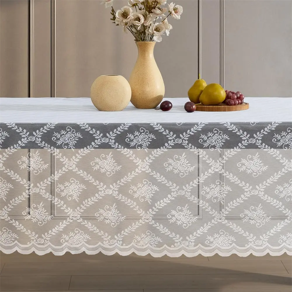 Isabella Floral Lace Tablecloth, Lace Fabric Table Cloth for Rectangle Tables, Wrinkle Resistant Tablecloth, Patterned Scalloped Tablecloth (60 W x 84 L, White)
