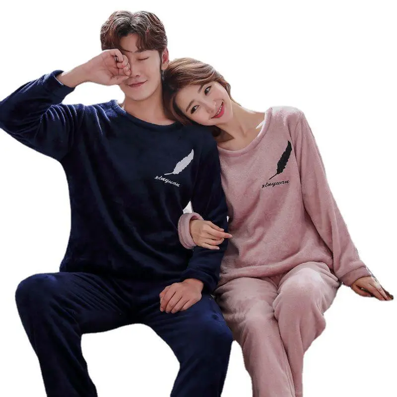Couples' 2-Piece Matching Thick Coral Fleece Pajama Sets - Breathable, Long-Sleeve Thermal Loungewear for Autumn, Winter