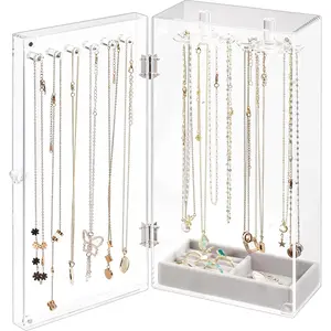 Lolalet Necklace Holder Organizer, Acrylic Jewelry Organizer with 24 Hooks, Rotating Clear Necklaces Display Box, Dust-Proof Jewelry Storage Case with Velvet Tray -Clear Lolalet