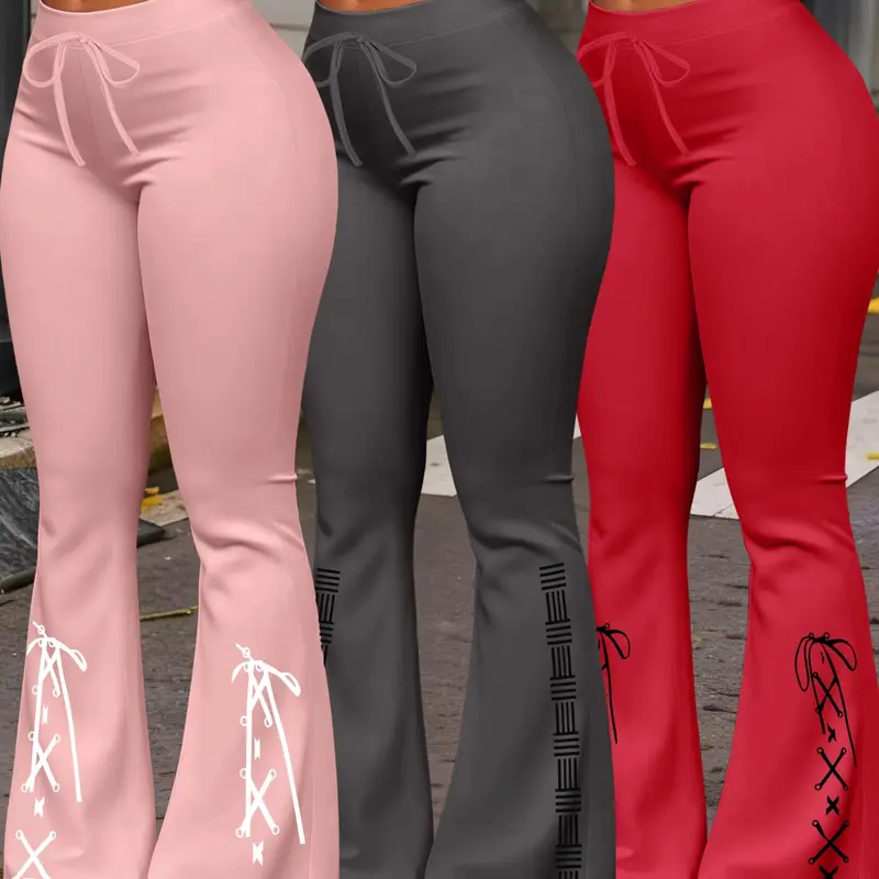 3 Pack Long Pants with Drawstring Waist, All Season Milk Silk Athletic Yoga Pants for Women, Printed Flare Leg Jogging Trousers, Athleisure, Fitness Workout Pants, Gym Sportswear Bottoms, Stretchy Workout Bottoms