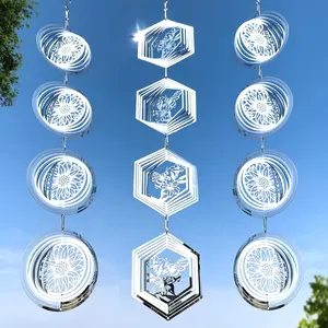 12Pcs Bird Scare Discs Set Reflective 3D Stainless Steel Wind Spinner Outdoor Garden Hanging Decor, Bird Devices Deterrent Reflectors to Scare Birds Away from Yard Patio (Sunflower and Bee)