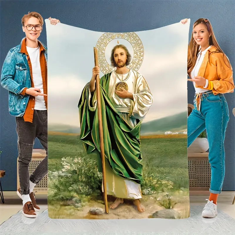 Religious Retro St. Jude Crochet-Accented Flannel Throw Blanket - Green, 280 g/m² Cloud-Soft, Durable, Breathable, Tear-Resistant, Stain-Resistant, Machine Washable, Full-Color Jesus Christ Printing, Daily Casual Use for Sofa, Outdoor