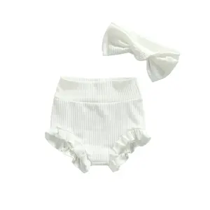 2Pcs Baby Girls Outfitt, Toddlers Summer Sweet Style Solid Color High Waist Elastic Lace Shorts + Bow Headwear Set