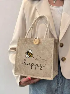 Women'S Multifunctional Tote Bag,Aesthetic Honey Bee Bag,Printed With Cute Bee And Heart Patterns, Holiday Style Letter Design Shopping Bag, Suitable For Weddings, Birthdays, Beaches And Various Festivals, Linen Handbag, Teacher'S Day Gift Bag
