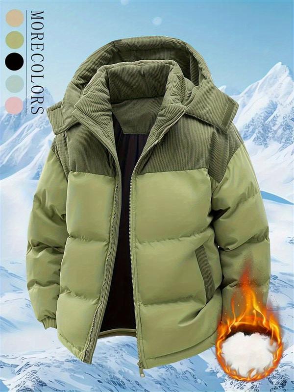 Men's Winter Hooded Jacket - Removable hood, colorblock design, warm wool-lined coat, zipper closure, casual style for cold weather, winter jacket, suitable for couples, windproof and machine washable coat Cotton Fleece Menswear Outdoor Thick
