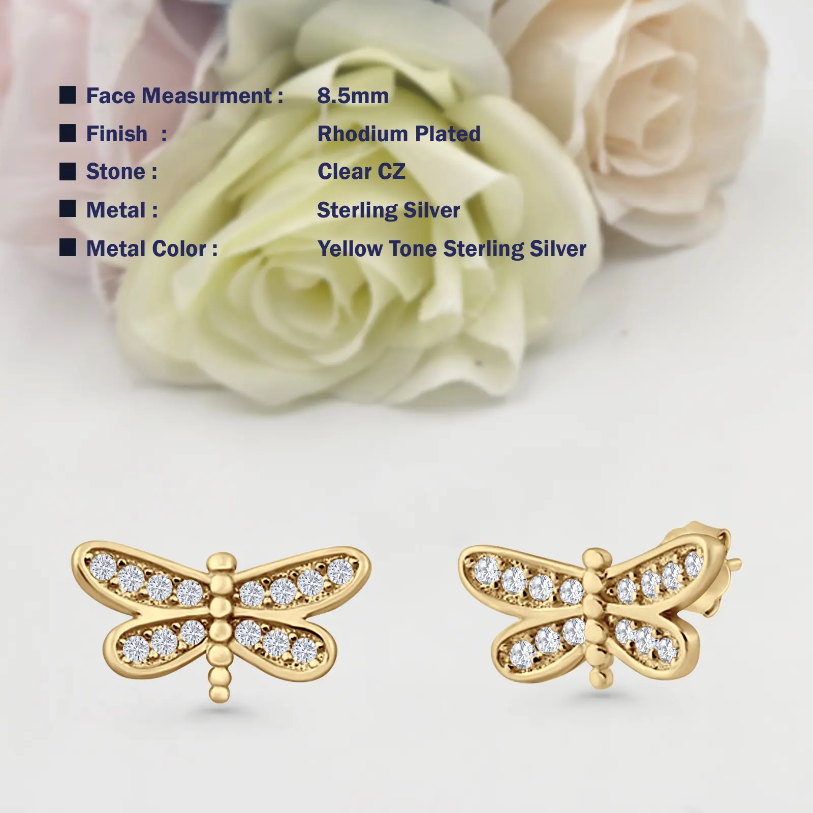 8.5mm Dragonfly Stud Earring Cubic Zirconia 925 Sterling Silver Women Round Earring