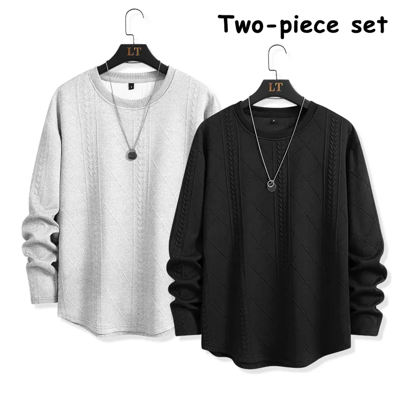 Fall/Winter layering 2-pack men’s crew neck tops — solid long-sleeve soft knit shirts/pullovers for casual office and everyday wear; multipack