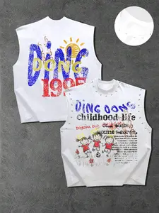 Men's Casual Graphic Vest, Background with Kids Playing Graffiti, Back Letter Print, Fitted Long Sleeve, All Seasons Wear, Aesthetics