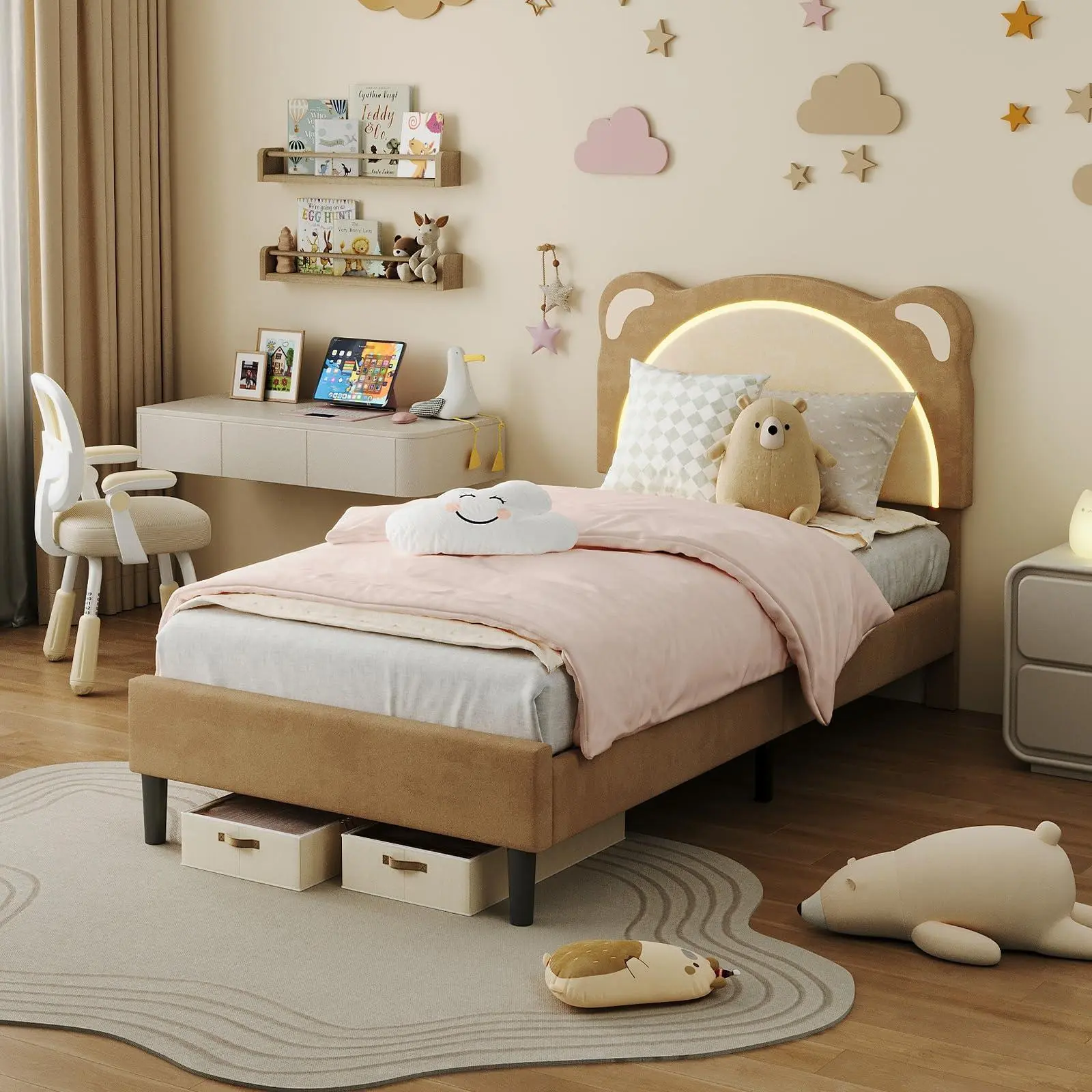 Brown Twin XL Velvet Upholstered Kids' Bed Frame with Color Changing LED Light, Cute Bear Adjustable Headboard, Solid Wood Slats & Metal Support, 750 lbs Capacity, 42"-45" Fit, Silent, Easy Tool-Included Assembly (Assembly Required), Modern Beds for Teens