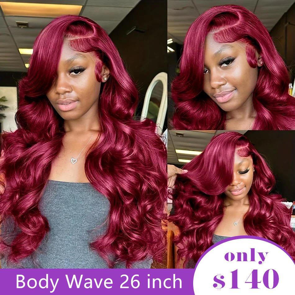 【26‘’ Body140】Tahikie #99J 13x6 Full Frontal HD Lace Body Wave Wig 200% Density Burgundy Colored #4 Chocolate Brown Natu