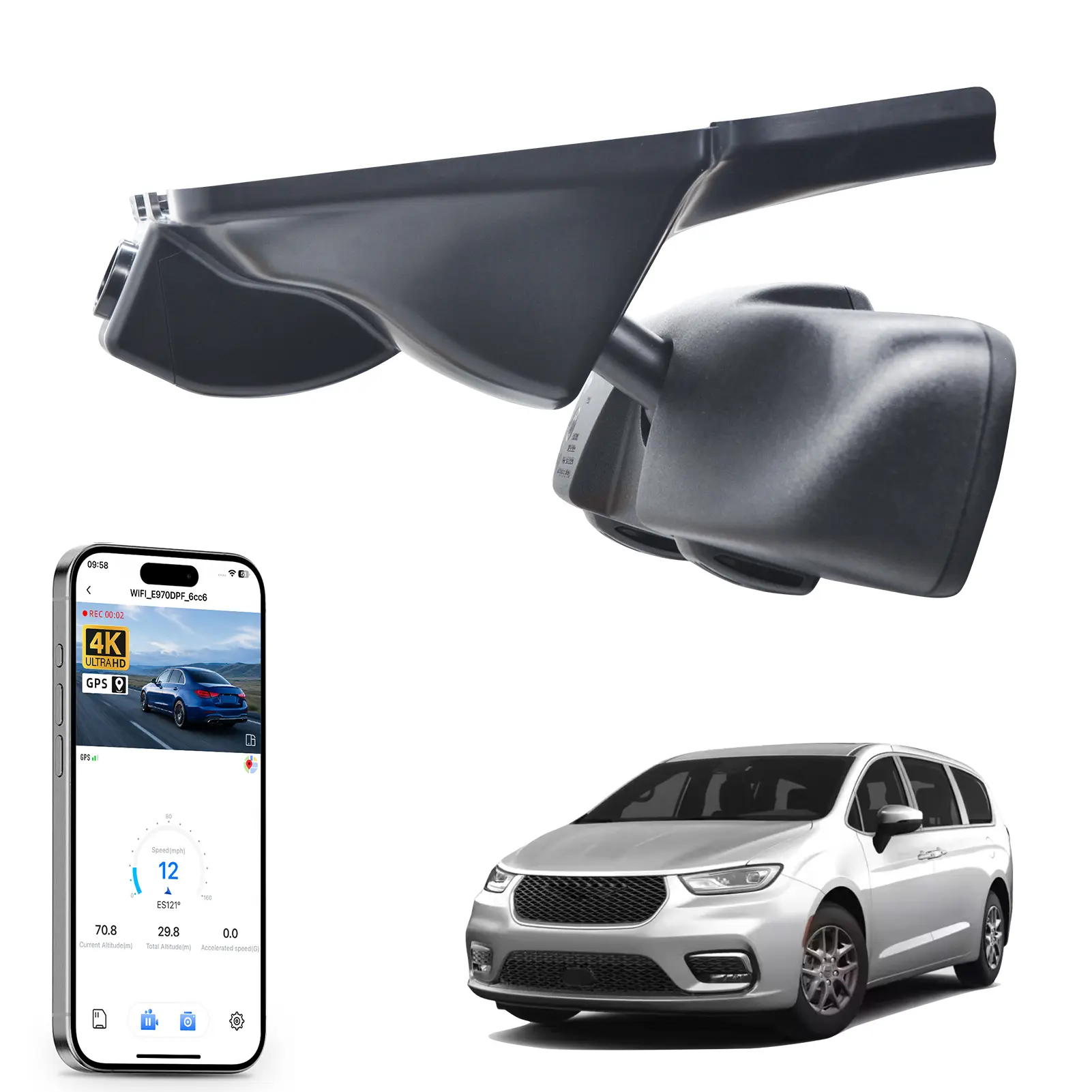 Mangoal 4K Dash Cam Custom Fit for Chrysler Pacifica 2017-2026 (Model A) – Limited, Touring-L, Pinnacle Touring, etc. Integrated OEM Look, UHD 2160P Video, Built-in GPS, WiFi Night Vision, 64/128GB Card Support