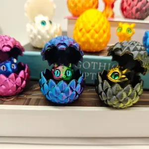 Five random colors, 3D printed rainbow dragon egg and small dinosaur combination statue ornament set, suitable for desktop decoration, holiday decoration, Christmas gift.
