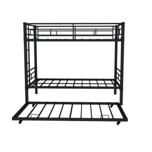 Triple Bunk Bed with Trundle for 3 Kids, Heavy Duty Metal Convertible Bunk Bed Frame, Space-Saving Kids Bed with Safety Guardrails & Wide Ladder, Noise-Free, No Box Spring, Black/White