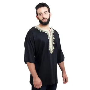 Moroccan Men Tunic Caftan Breathable Fiber Cotton Handmade Embroidery Ethnic Black