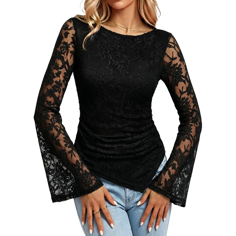 GRACE KARIN Womens Lace Long Sleeve Going Out Tops 2026 Fall Ruched Y2K Clothes Bell Sleeve Boat Neck Cute Shirt Asymmetrical