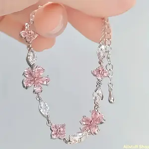 1pc Women's Pink Cherry Blossom Chain Bracelet, Fashionable, Cute, and Exquisite Adjustable Square Petal Cherry Blossom Bracelet, Ideal Holiday Gift