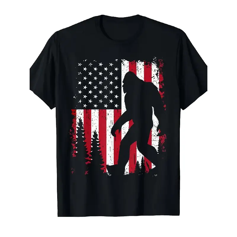 Men's Patriotic American Flag Sasquatch Graphic Tees - 100% Cotton Menswear Short Sleeve Round Neck Tops, Soft Comfortable, Machine Washable, Ideal for Daily Wear & Outdoor Adventures, Plus Size Vintage Gift