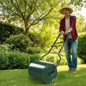 Heavy Duty Steel Lawn Roller for Seeding and Leveling Lawn - Fillable Water or Sand, U-Shaped Ergonomic Handle, Dual Push or Pull Operation