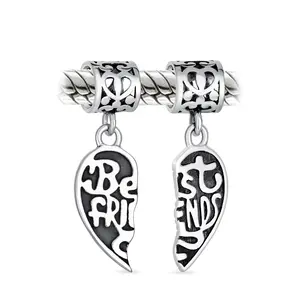 Sterling Silver Forever Words Best Friends Puzzle Two Piece Split Heart Shape Dangle Charm Bead